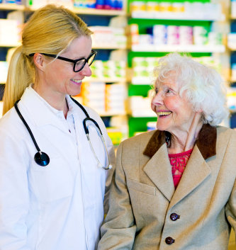 happy pharmacist and her customer